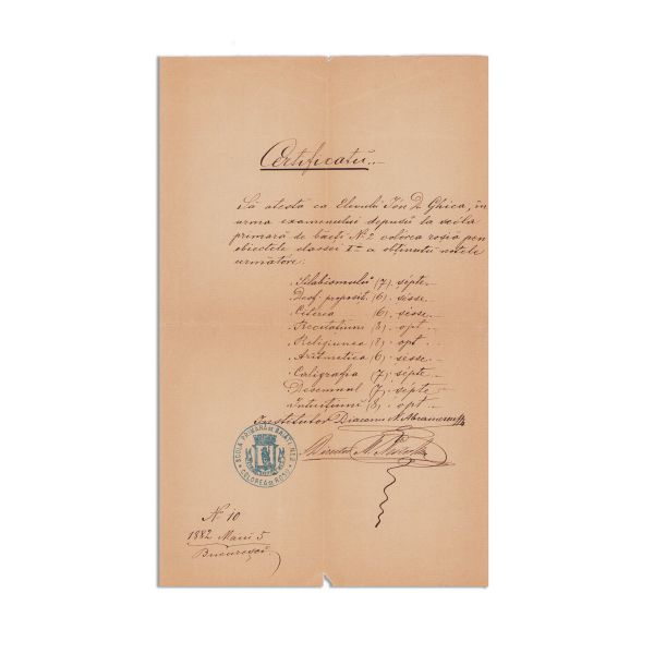 Ion D. Ghica, certificat pentru clasa I- a, 1882