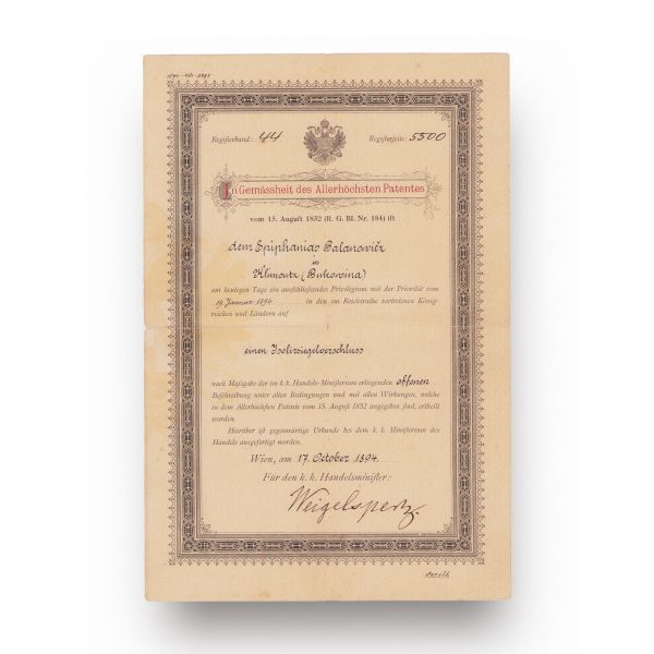 Brevet de invenție din Bucovina, 17 octombrie 1894