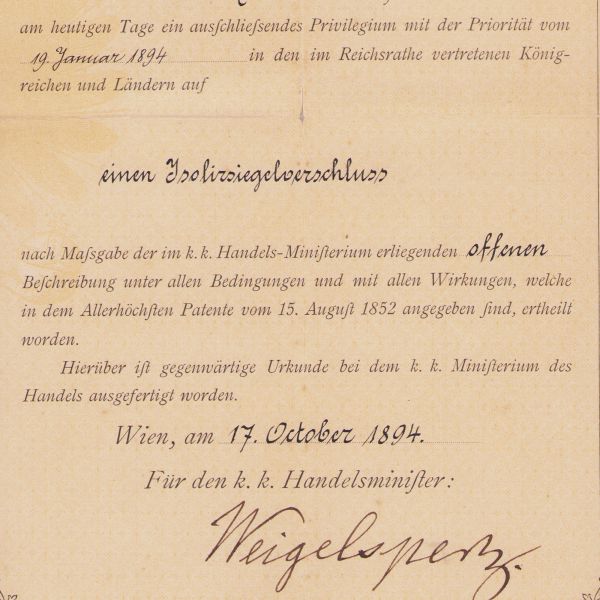 Brevet de invenție din Bucovina, 17 octombrie 1894