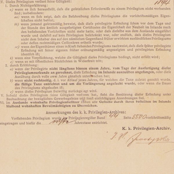 Brevet de invenție din Bucovina, 17 octombrie 1894