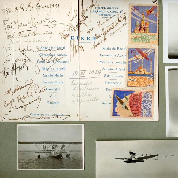 Meniul cinei din 11 iunie 1929 de la Cercul Militar „Regele Carol I” din Constanța + 3 vignette pe meniu + 4 fotografii de epocă reprezentând hidroavioane din timpul mitingului aviatic
