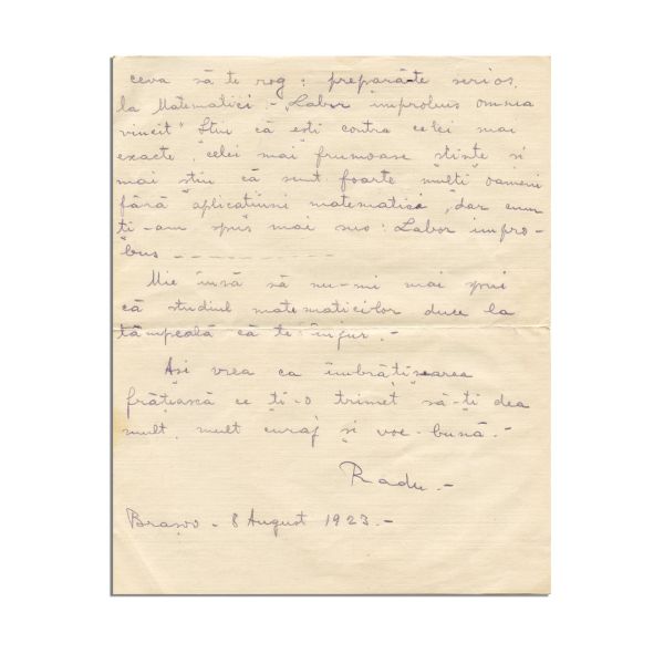 Radu Marinescu, scrisoare pentru Mircea Eliade, 8 august 1923