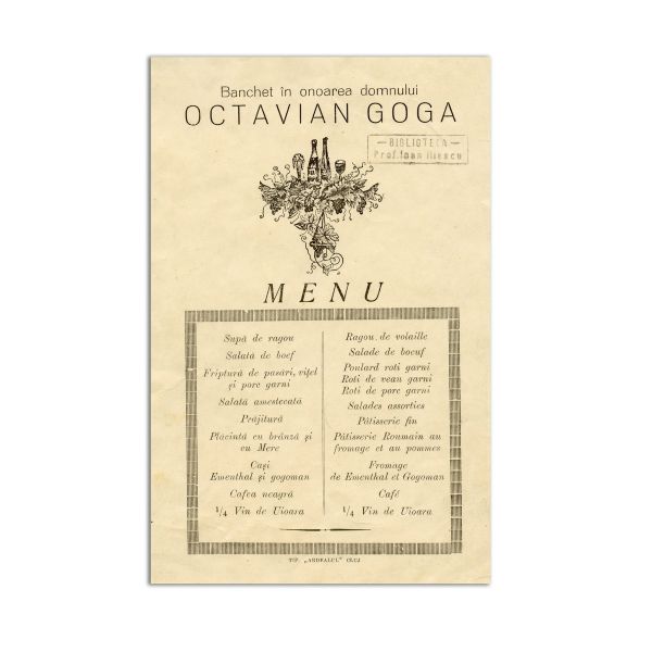 Meniul banchetului dat în onoarea lui Octavian Goga