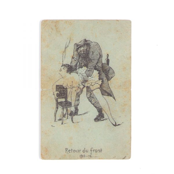 Retour du front, carte poștală caricaturală erotică, 1914-1918