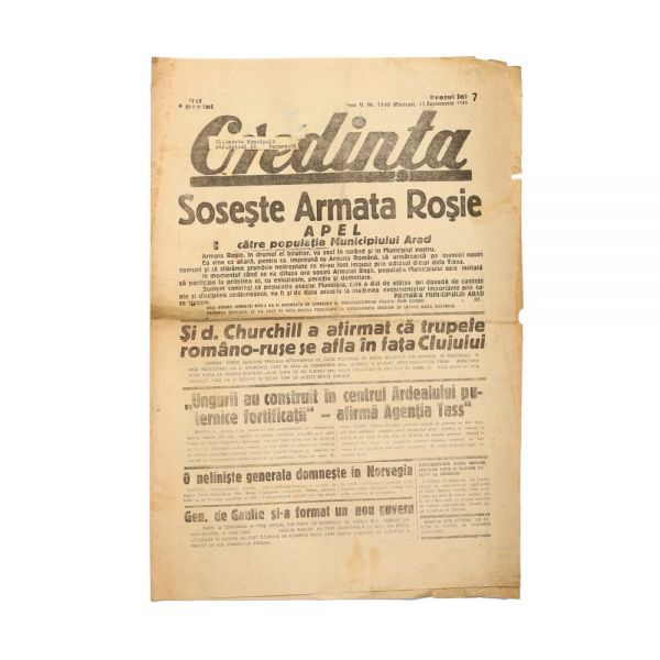 Publicația „Credința”, 13 Septembrie 1944 - Sosește Armata Roșie