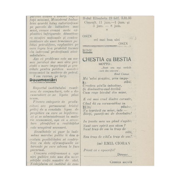 Publicația „Atitudinea”, Anul I, Nr. 1 din 5 august 1933 - cu o poezie de Emil Cioran