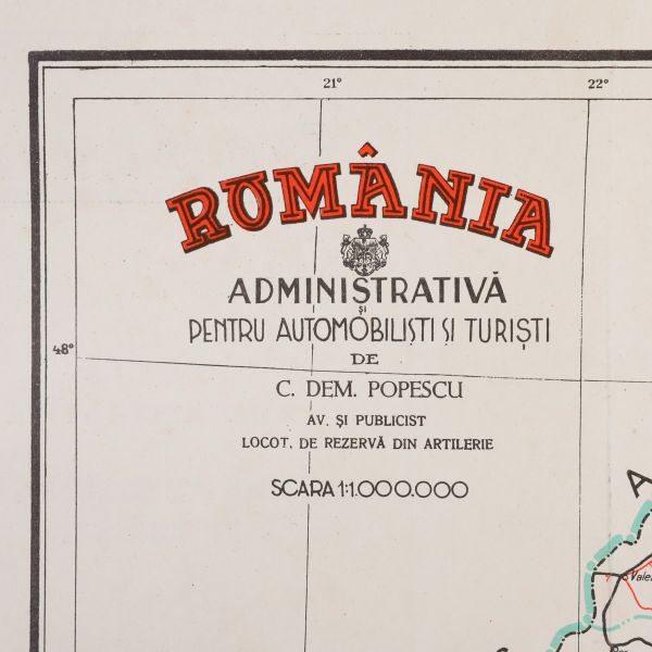 C. Dem. Popescu, România, hartă administrativă și pentru automobiliști și turiști, 1945