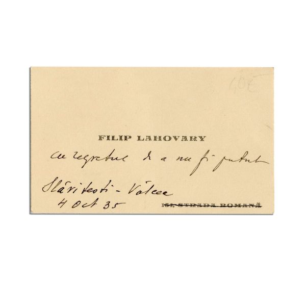 Filip Lahovary, carte de vizită cu însemnare olografă
