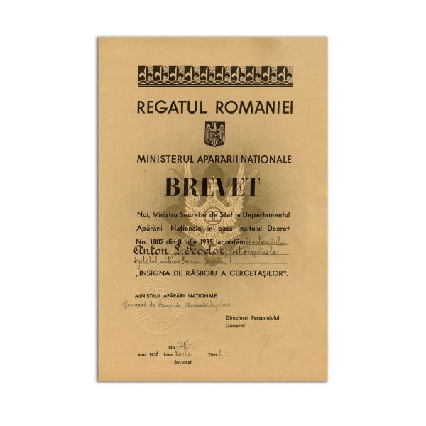 Anton Teodor, brevet + Însemnul Cercetașilor din Răsboiul 1916-1919