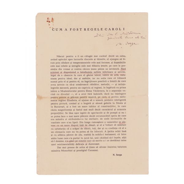 Nicolae Iorga, Cum a fost regele Carol I, articol, 1939, cu dedicație pentru Ion C. Măldărescu
