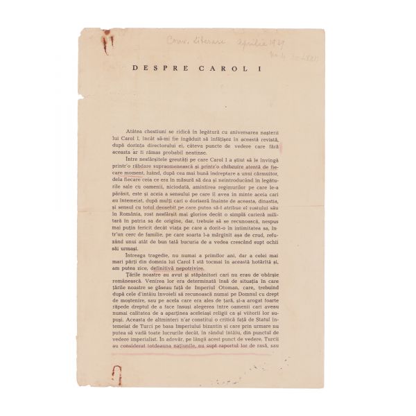 Nicolae Iorga, Cum a fost regele Carol I, articol, 1939, cu dedicație pentru Ion C. Măldărescu