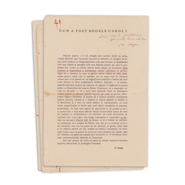 Nicolae Iorga, Cum a fost regele Carol I, articol, 1939, cu dedicație pentru Ion C. Măldărescu