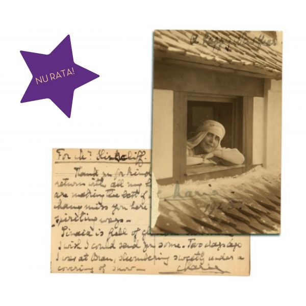 Regina Maria la Castelul Bran, carte poștală fotografică cu dedicație și semnatură