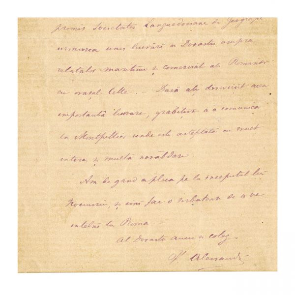 Vasile Alecsandri, scrisoare olografă în limba română + broșura lucrării Ginta Latină