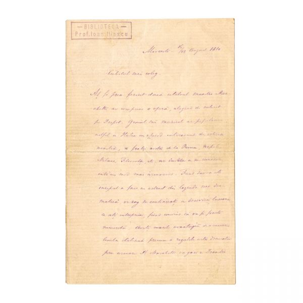 Vasile Alecsandri, scrisoare olografă în limba română + broșura lucrării Ginta Latină