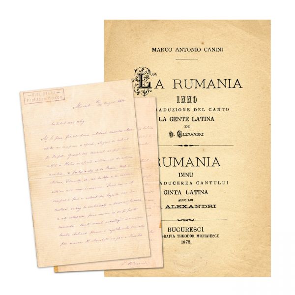 Vasile Alecsandri, scrisoare olografă în limba română + broșura lucrării Ginta Latină