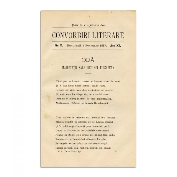 Convorbiri Literare, Anul XX, Nr. 11, 1 Februarie 1887, cu „De ce nu-mi vii...” de M. Eminescu