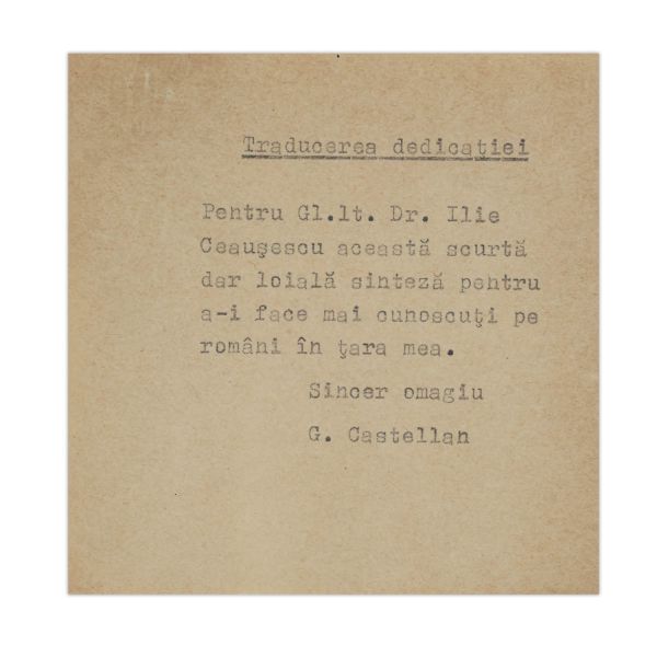 Georges Castellan, Histoire de la Roumanie, 1984, cu dedicație pentru Ilie Ceaușescu