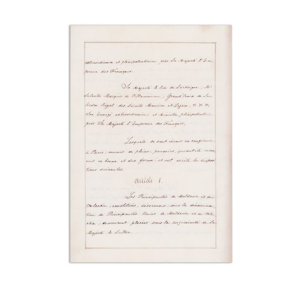 Copia oficială acordată Principatelor Române de către Imperiul Otoman, a Convenției de la Paris din 1858 – Principautés-Unies Convention du 7/19 août 1858 - Piesă clasată la Tezaur
