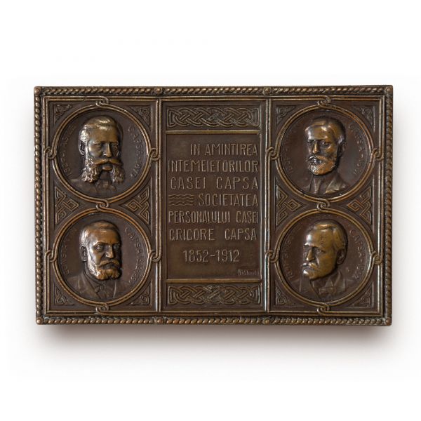 În amintirea întemeietorilor Casei Capșa, plachetă din bronz,  gravor Frederic Storck