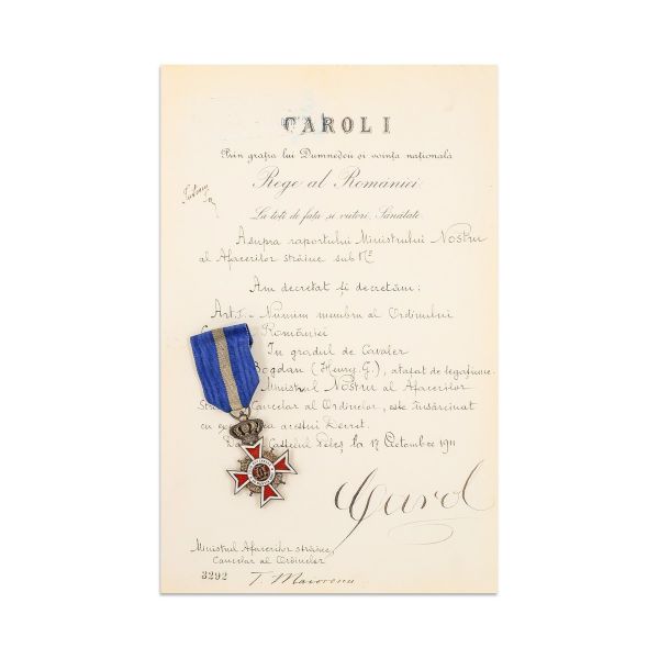 Ordinul „Coroana României” în grad de cavaler + brevet semnat olograf de regele Carol I
