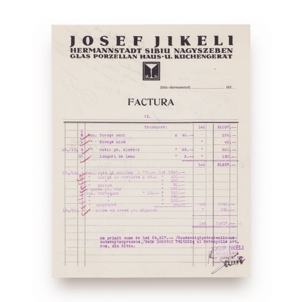 Șapte facturi emise Consistoriului Arhidiecezan, Sibiu, 1926-1947