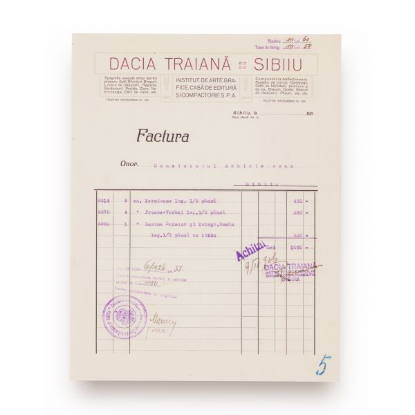 Șapte facturi emise Consistoriului Arhidiecezan, Sibiu, 1926-1947