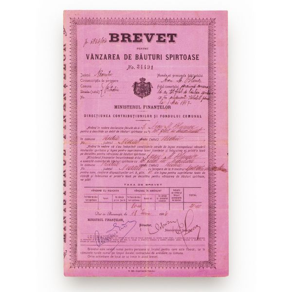 Brevet pentru vânzarea de băuturi spirtoase, 1914