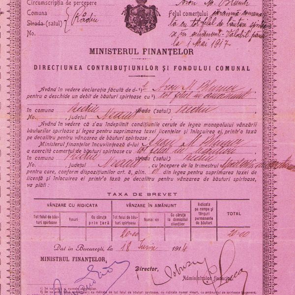 Brevet pentru vânzarea de băuturi spirtoase, 1914