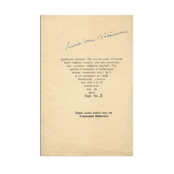 Lucia Dem. Bălăcescu, În Noul Paradis, 1941, exemplar bibliofil, cu semnătură olografă