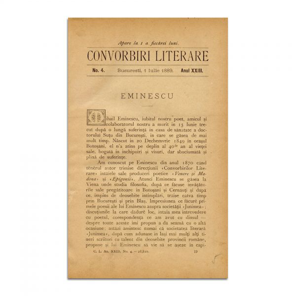 Convorbiri Literare, Anul XXIII, Nr. 4, 1 Iulie, 1889, număr dedicat comemorării lui M. Eminescu semnat de I. Negruzzi