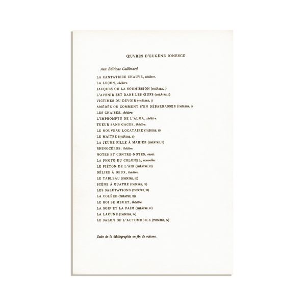 Eugène Ionesco, La quète intermittente, 1987, cu dedicația olografă a autorului