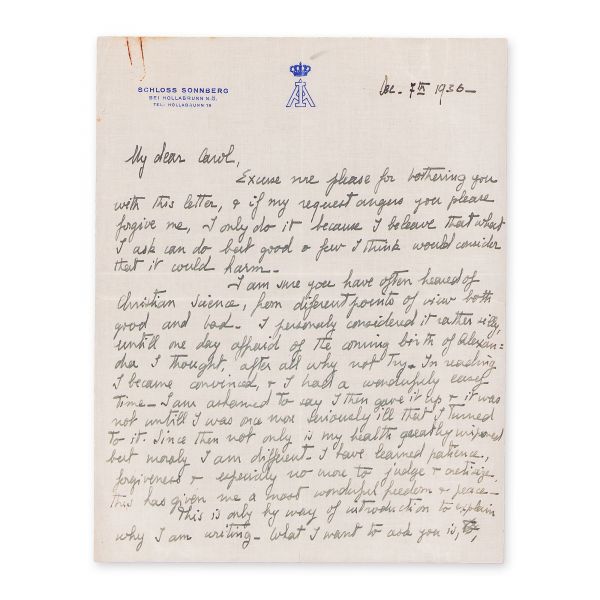 Ileana, Arhiducesa Austriei, scrisoare expediată regelui Carol al II-lea, 7 decembrie 1936 