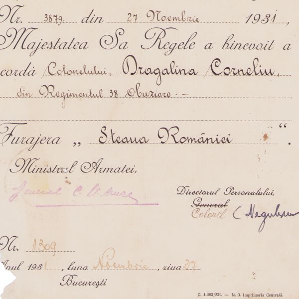 Col. Dragalina Corneliu, brevet + fotografie de epocă, 27 noiembrie 1931