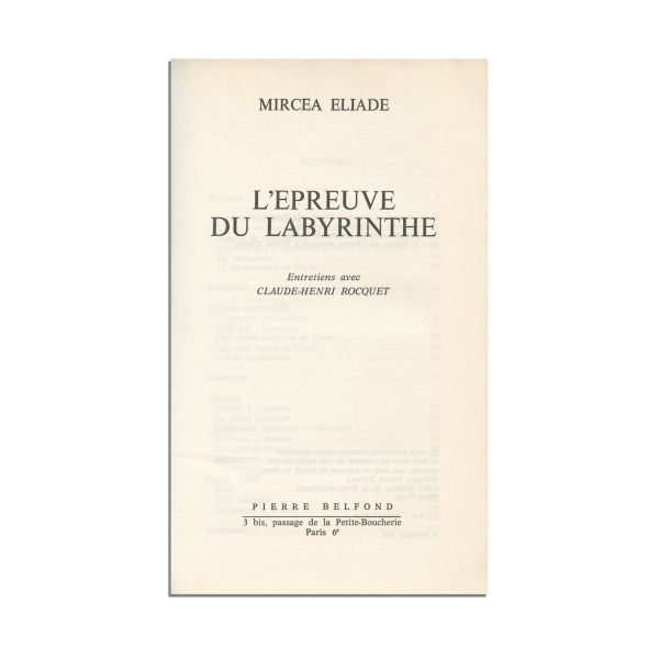 Mircea Eliade, L'Épreuve du labyrinthe, 1978, cu dedicație pentru Jean Pierre Apparu