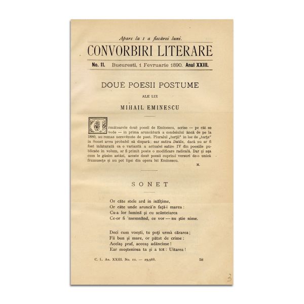 Convorbiri Literare, Anul XXIII, Nr. 11, 1 februarie 1890, cu „Sonet” și „Dalila” de M. Eminescu și „Grand-Hotel Victoria Română” de I.L. Caragiale