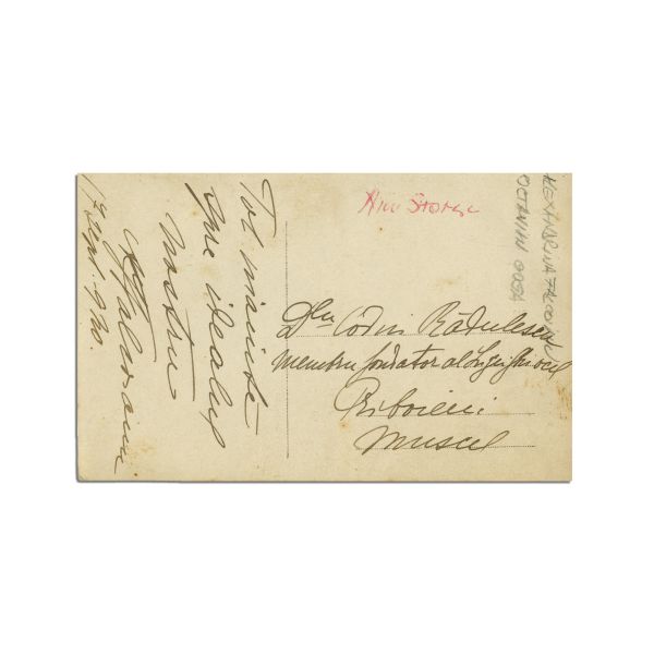 Regina Maria, Octavian Goga, fotografie tip carte poștală, cu o însemnare olografă a Alexandrinei Fălcoianu