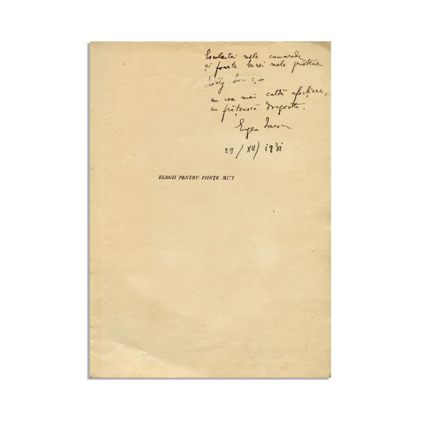 Eugen Ionescu, Elegii pentru ființe mici, 1932, exemplar bibliofil cu dedicație olografă și o poezie inedită