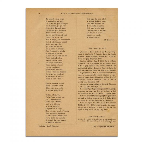 Convorbiri Literare, Anul XVII, Nr. 4, 1 Iulie 1883, cu „Doină” de M. Eminescu