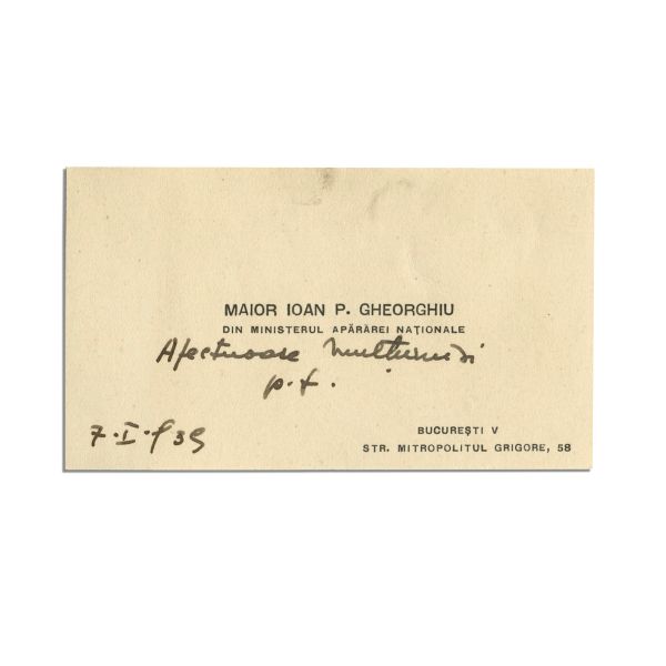 Maior Ioan P. Gheorghiu, carte de vizită cu însemnare olografă