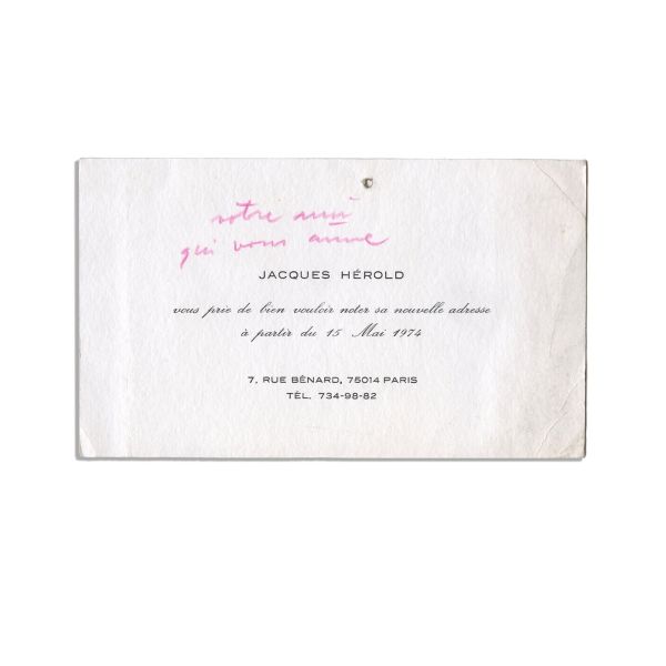 Jacques Hérold, scrisoare, 1974, cu o însemnare olografă