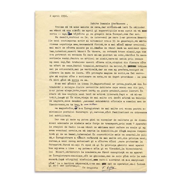 Tudor Arghezi, scrisoare pentru A. I. Ștefănescu, 2 aprilie 1956