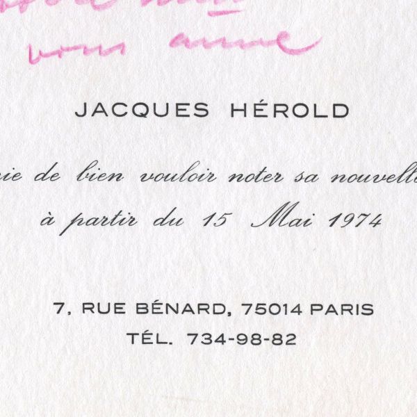 Jacques Hérold, scrisoare, 1974, cu o însemnare olografă