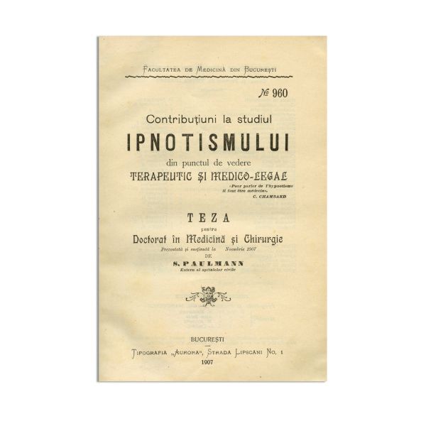 S. Paulmann, Contribuții la studiul hipnotismului, 1907, cu monograma regelui Carol I