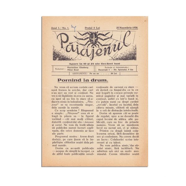 Publicația „Păianjenul”, Anul I, Nr. 1, 25 noiembrie 1930