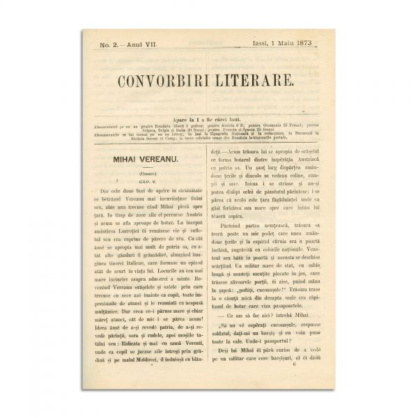 Publicația „Convorbiri Literare”, anul VII, 1 aprilie 1873 - 1 martie 1874, cu „Înger și Demon” și „Floare albastră” de M. Eminescu
