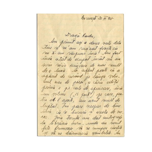 Horia Vintilă, scrisoare olografă pentru Radu Poroineanu, 1937