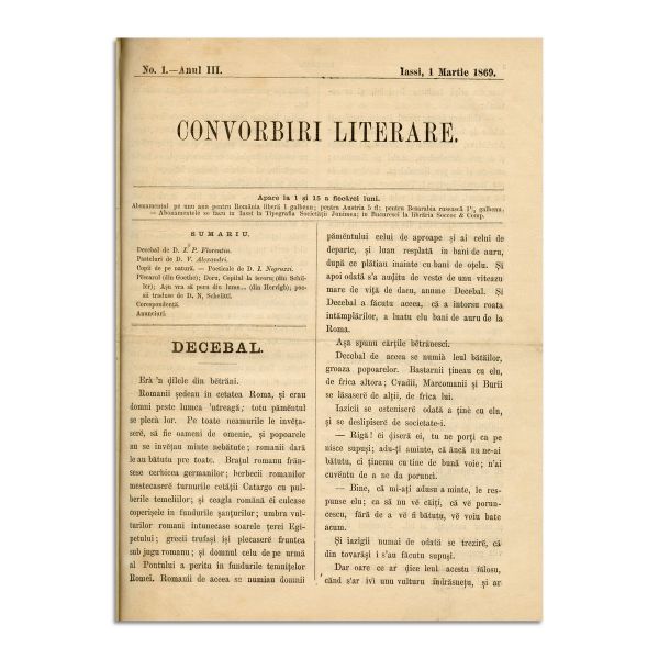 Publicația „Convorbiri Literare”, anul III, 1 martie 1869 - 1 martie 1870, cu scrieri diverse de V. Alecsandri