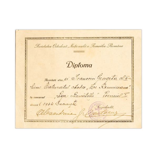 Diplomă a Societații Ortodoxe Naționale a Femeilor Române, semnată olograf de  Alexandrina Cantacuzino, 1934