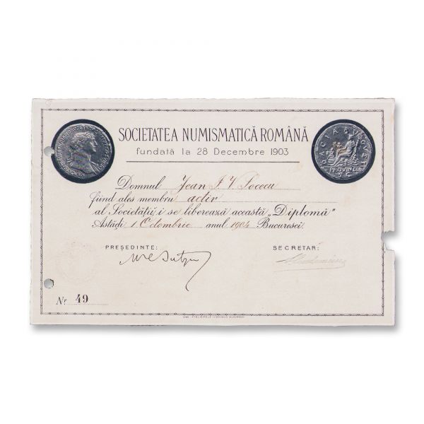 Ioan I. V. Socec, diplomă de membru activ al Societății Numismatice Române, 1 octombrie 1904